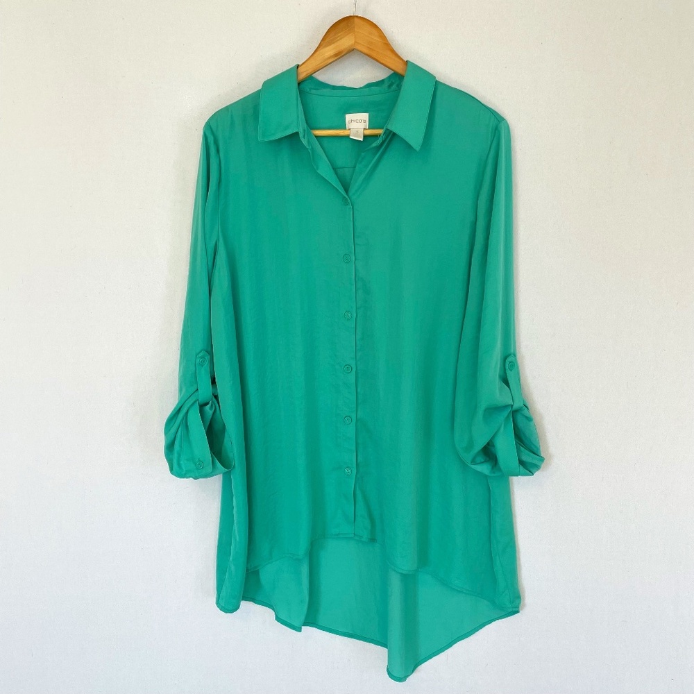 CHICO’S 3 US XL Celedon Green Flowy Asymmetrical Hi Low Button Front Blouse